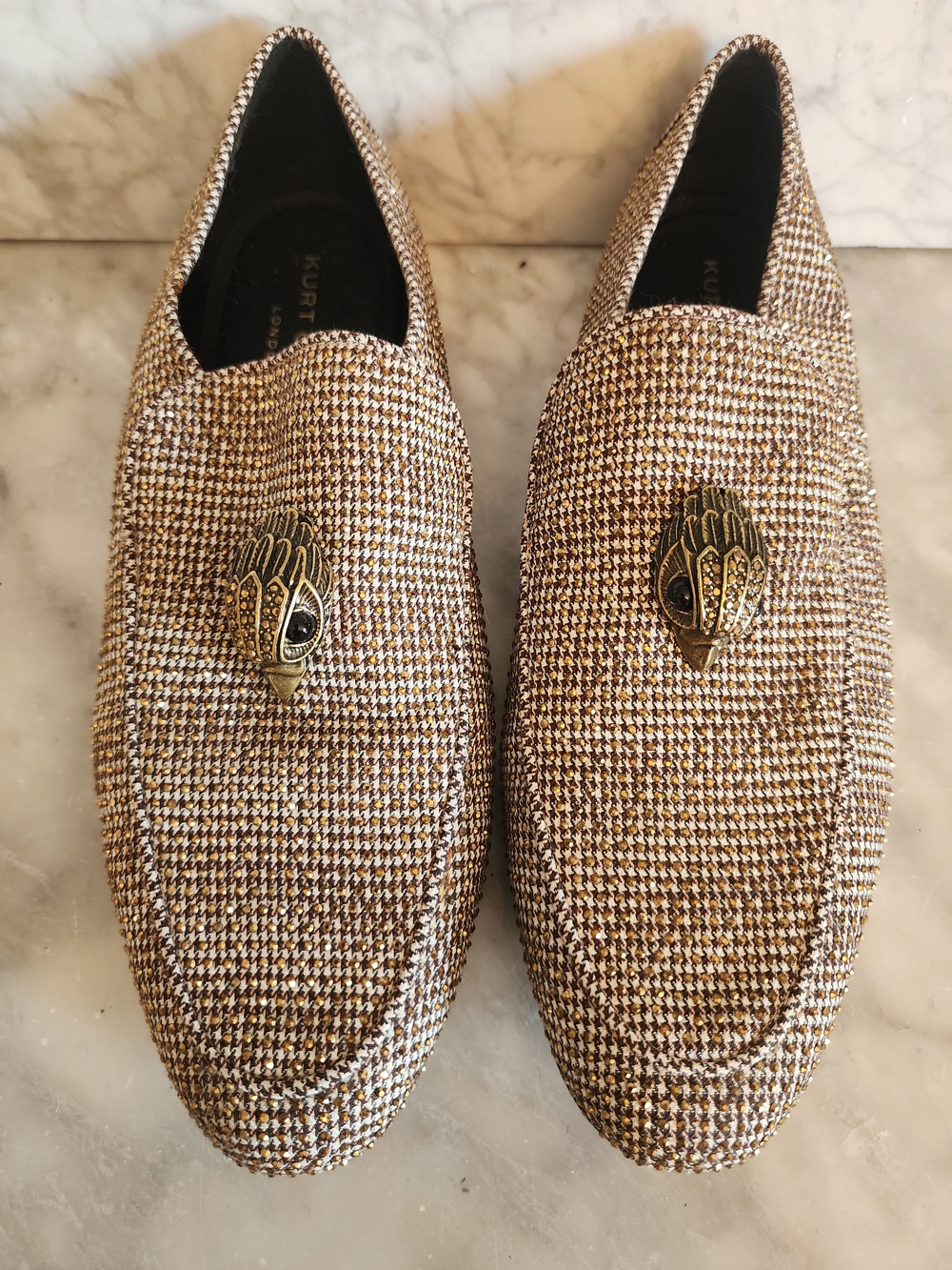 Kurt Geiger Rhinestone Tweed Loafers with Gold-Tone Emblem